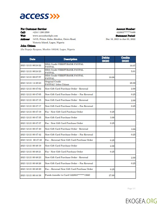 Modèle Excel et PDF de relevé bancaire Nigeria Access